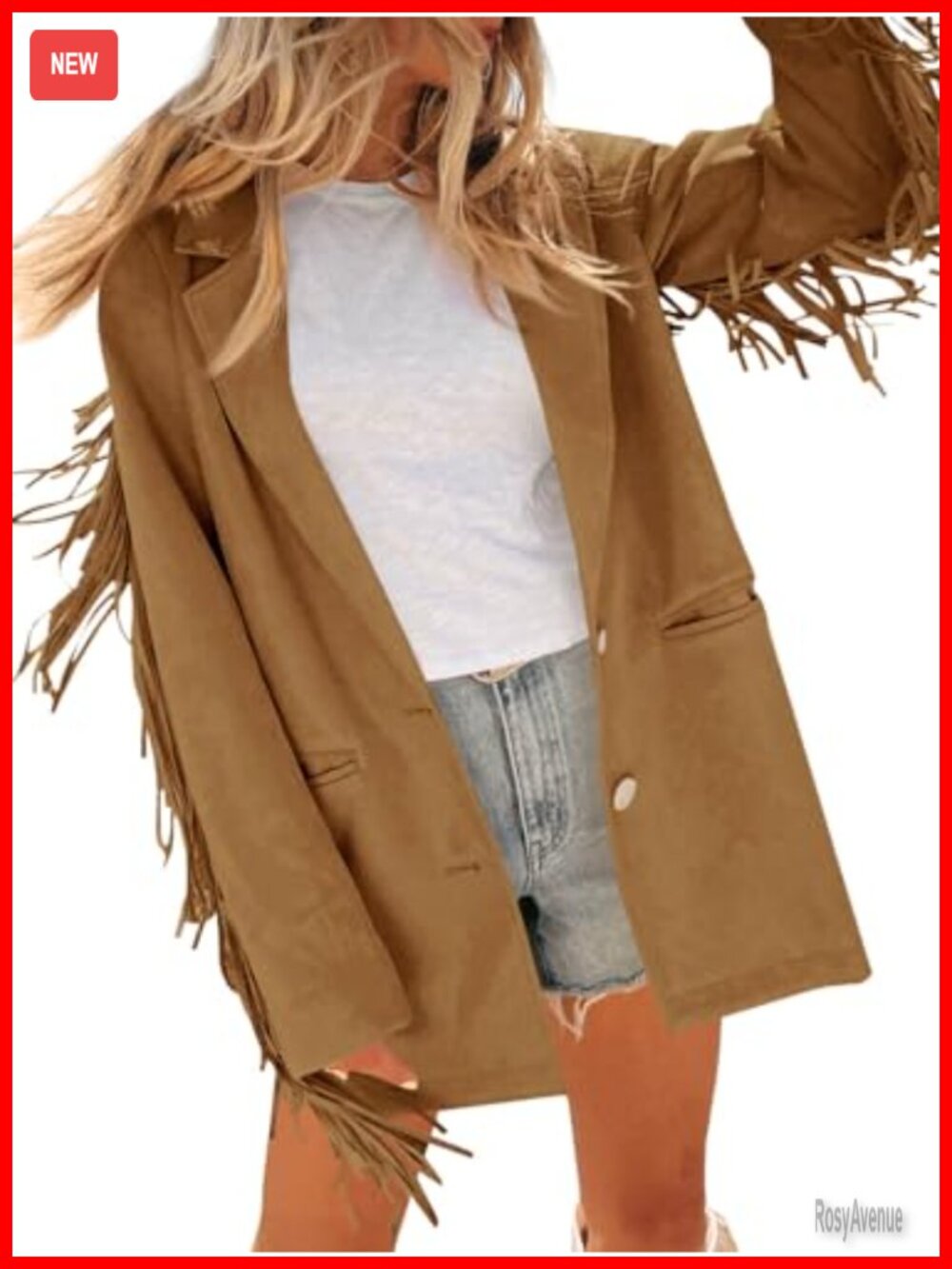 Faux Suede Fringe Jacket Blazer Button Front Long Sleeve